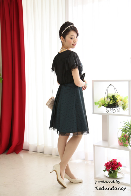 グリーンのドット柄ウエストリボンドレスコーディネートセット