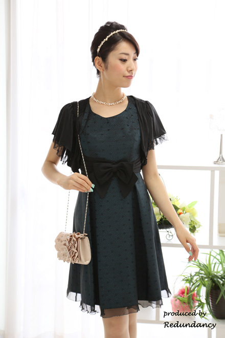 グリーンのドット柄ウエストリボンドレスコーディネートセット