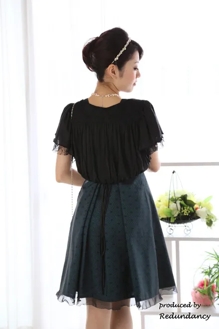 グリーンのドット柄ウエストリボンドレスコーディネートセット