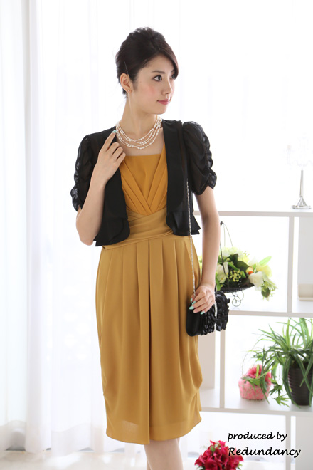 マスタードイレローのシャーリングタイトドレスコーディネートセット