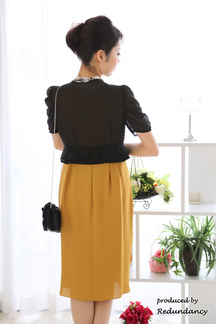 マスタードイレローのシャーリングタイトドレスコーディネートセット