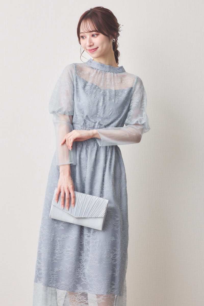 ブルーのバルーンロングスリーブ総レースドレス