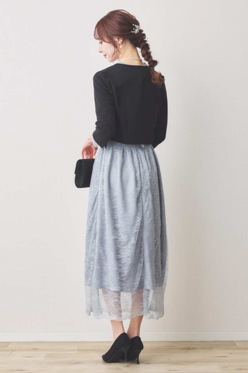 ブルーのバルーンロングスリーブ総レースドレス