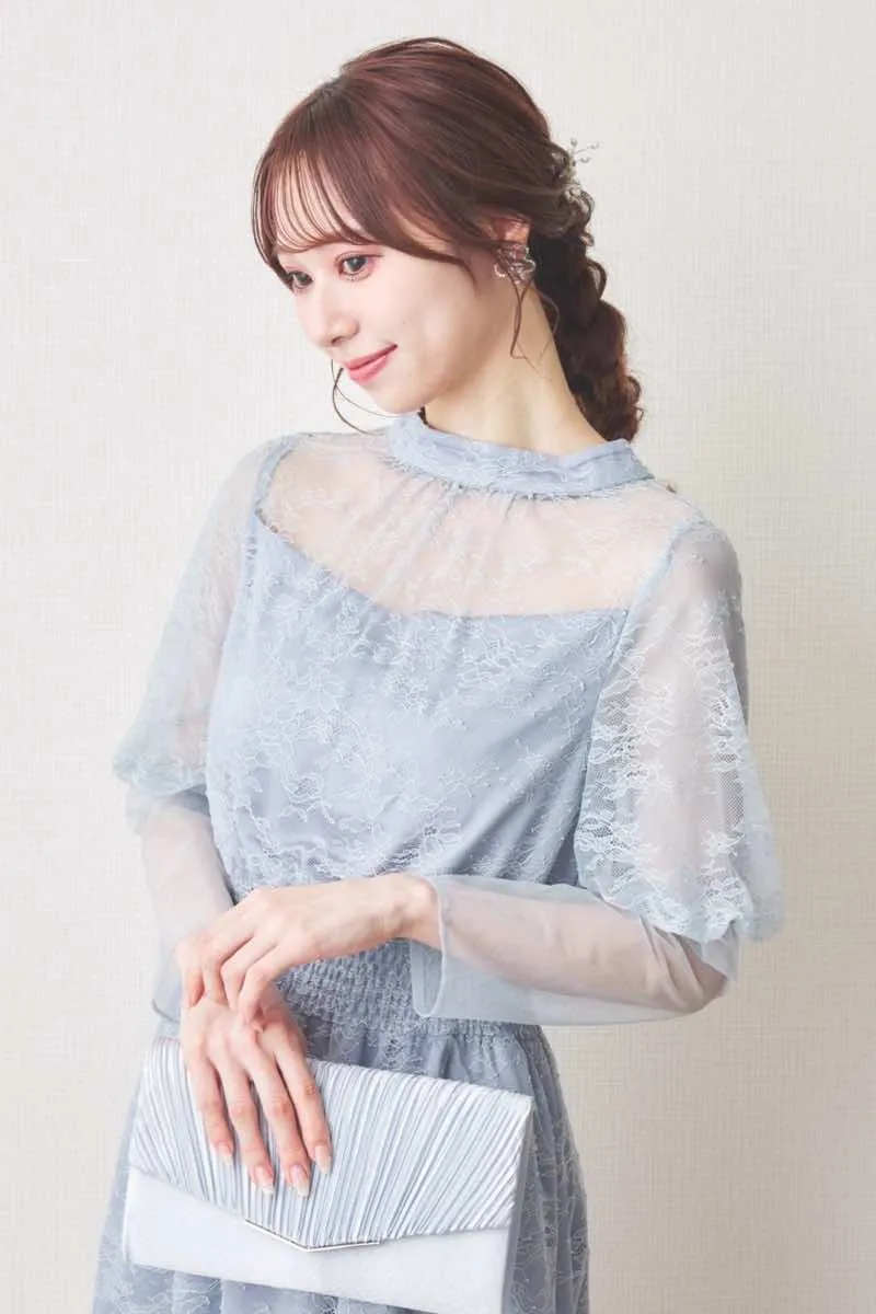 ブルーのバルーンロングスリーブ総レースドレス