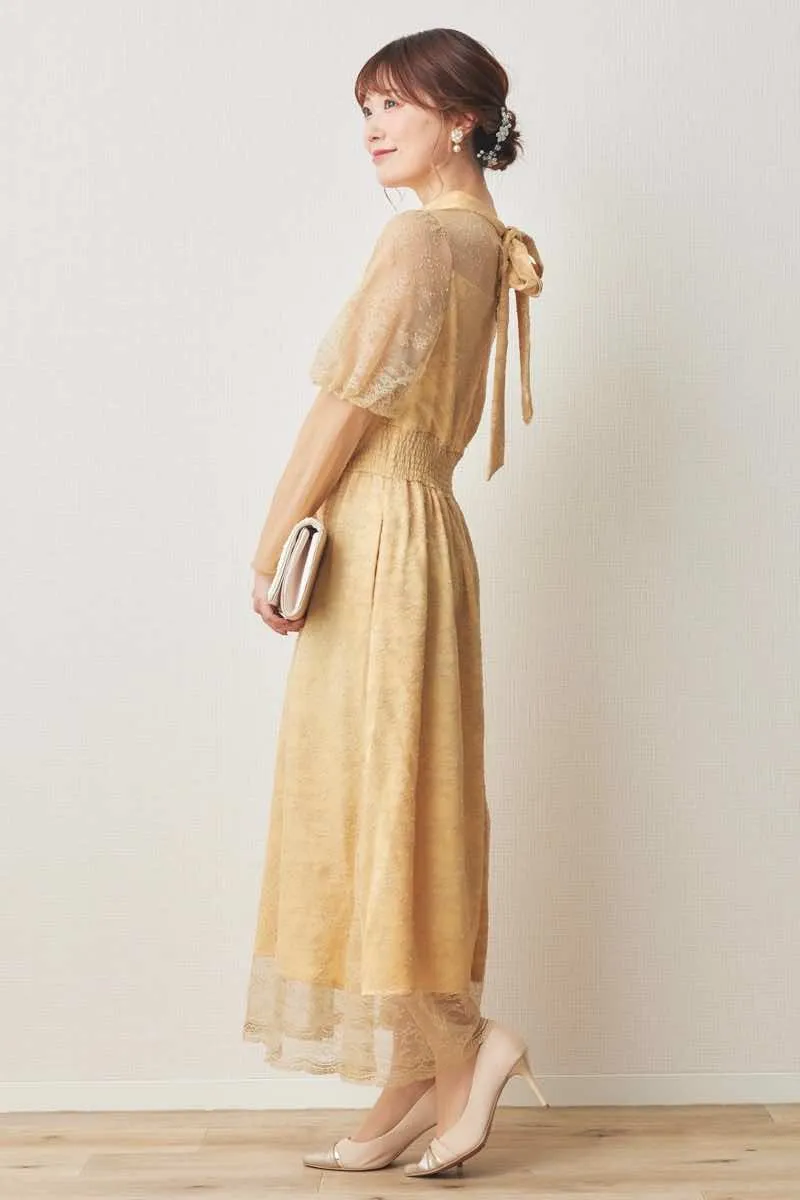 イエローのバルーンロングスリーブ総レースドレス