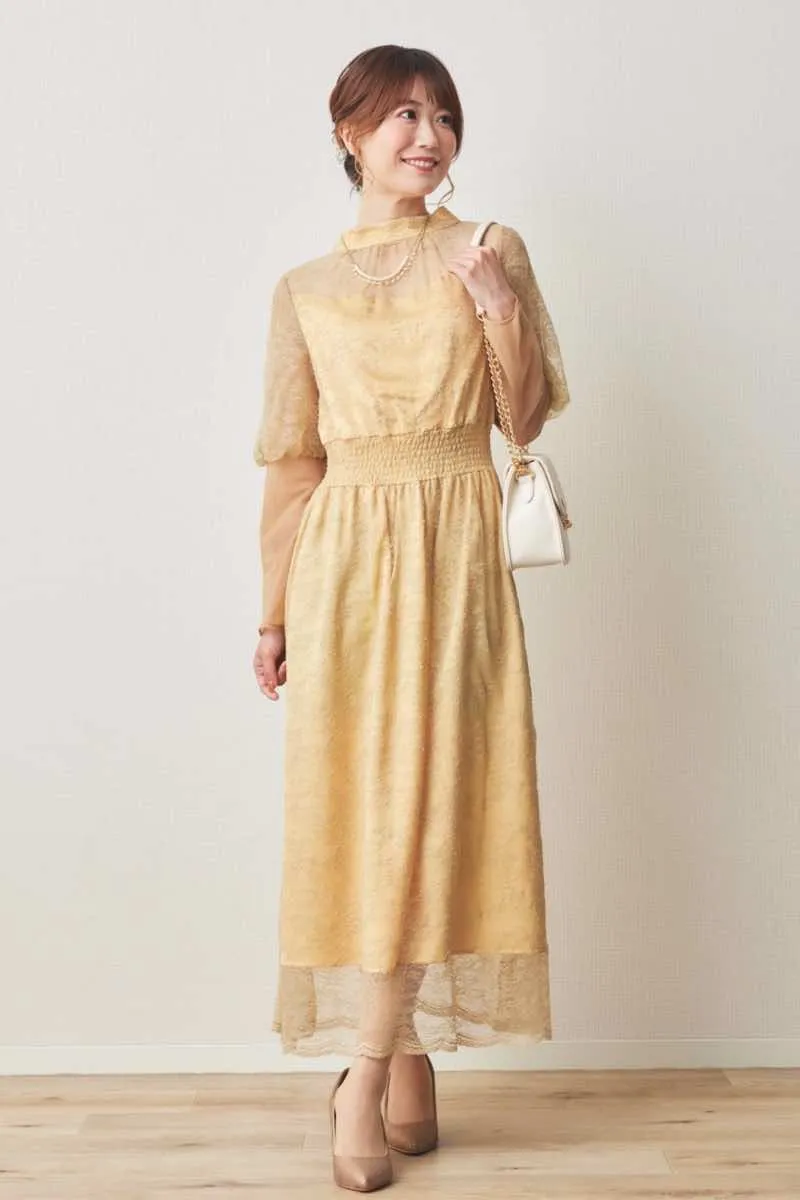イエローのバルーンロングスリーブ総レースドレス