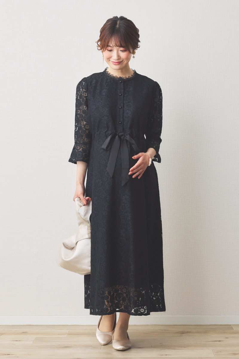 マタニティドレス　ブラック ブラックの前開き総レースマタニティドレス[L,マタニティ] Select Shop