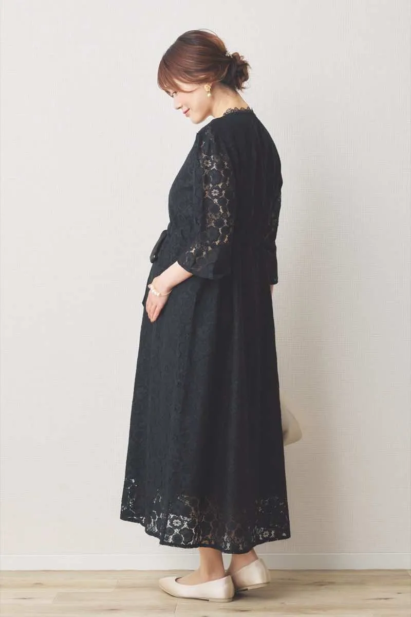 ブラックの前開き総レースマタニティドレス