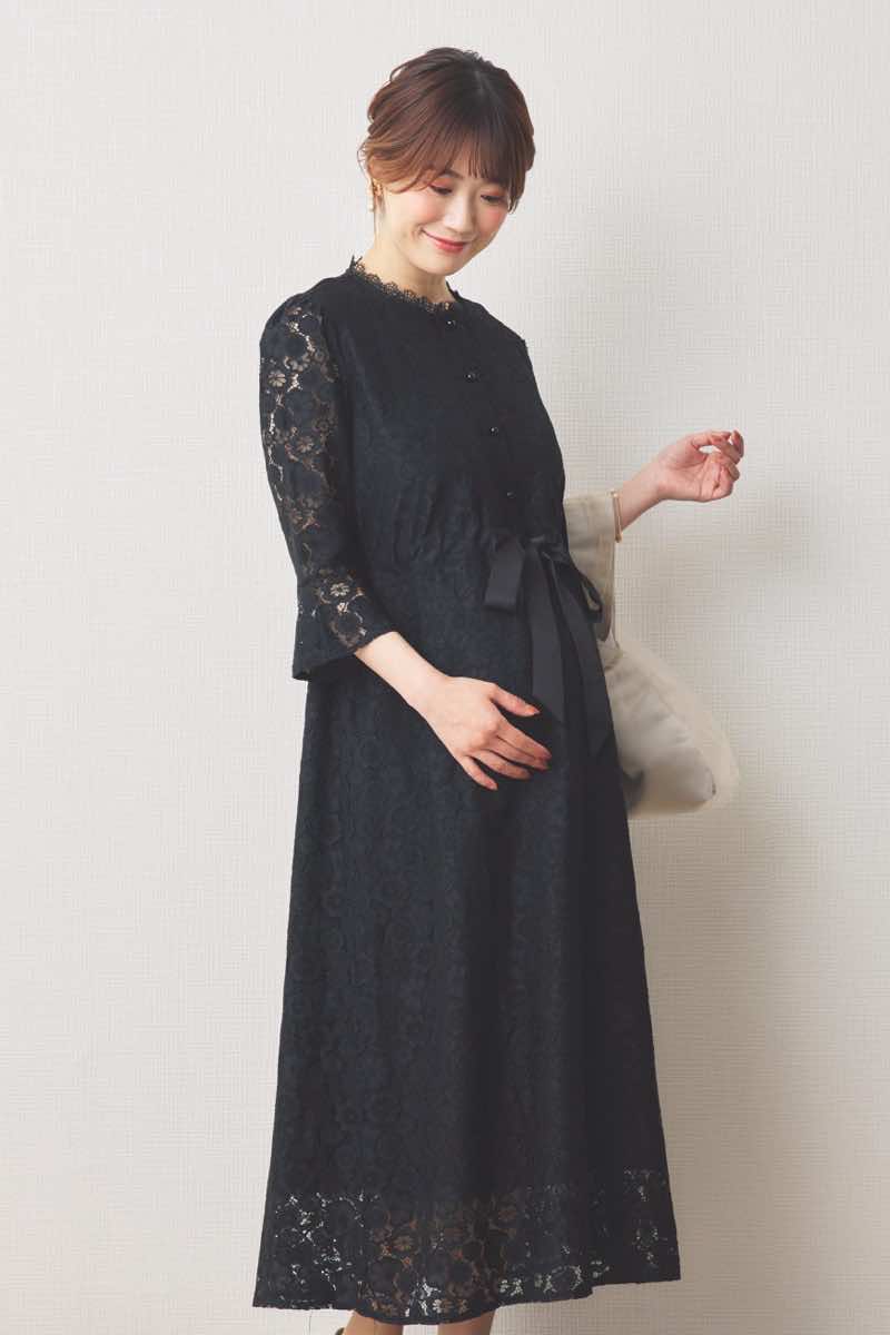ブラックの前開き総レースマタニティドレス[L,マタニティ] Select Shop