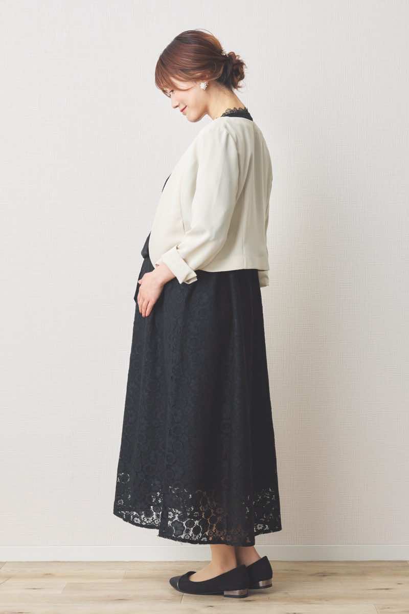 ブラックの前開き総レースマタニティドレス
