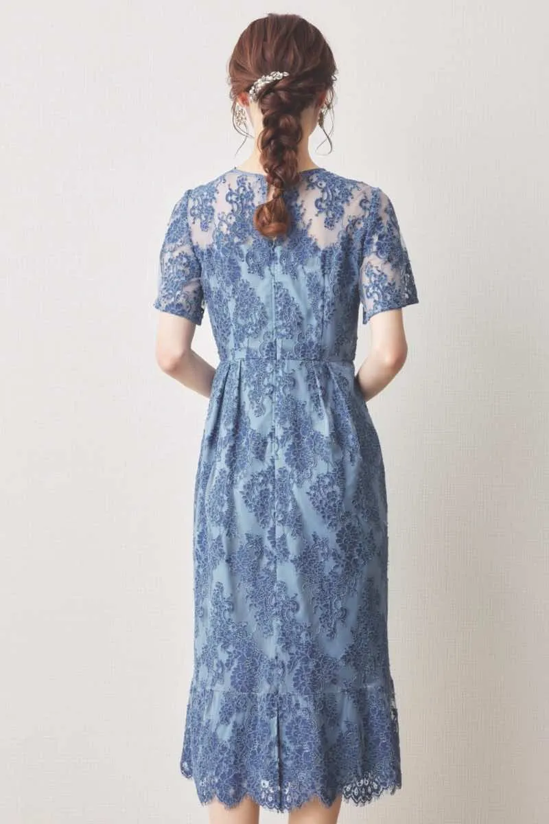 インディゴブルーの配色レースマーメイドドレス