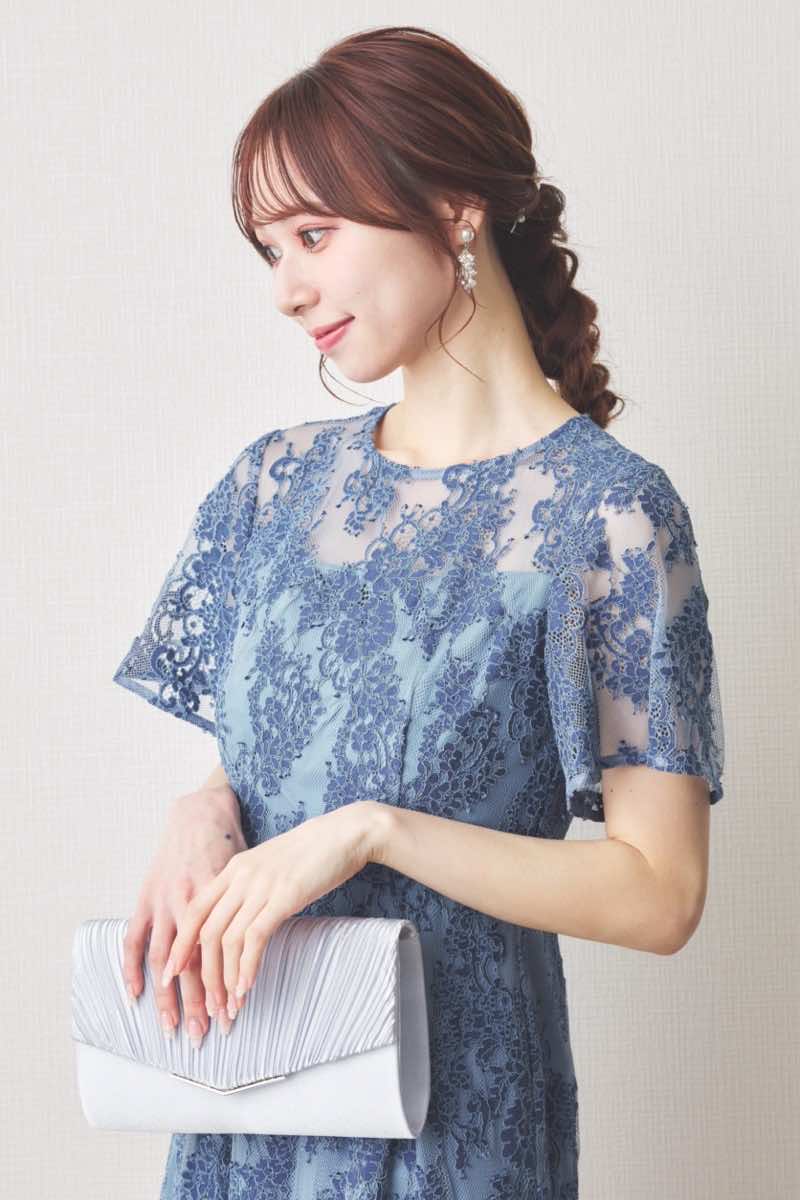 インディゴブルーの配色レースマーメイドドレス