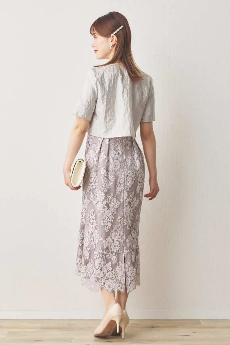 ベージュピンクの配色レースマーメイドドレス