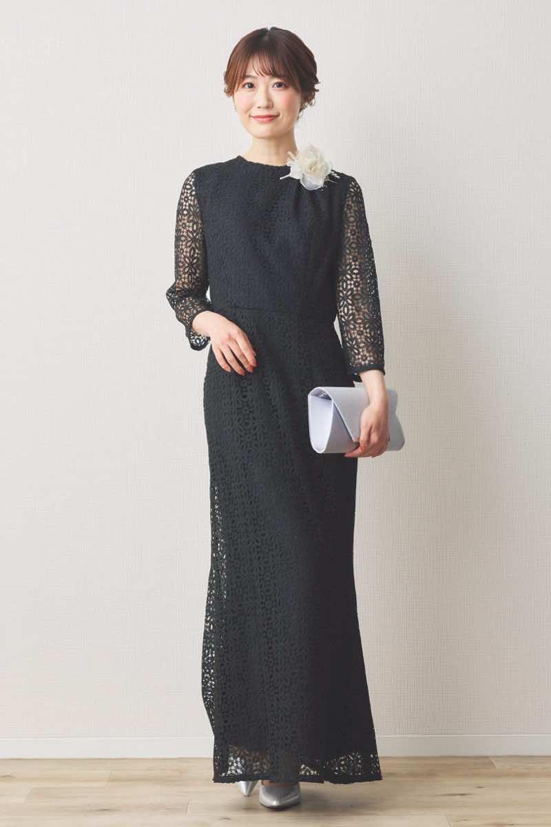 ブラックのラメクロシェレースドレス [ 店頭販売価格 38,500円 ]