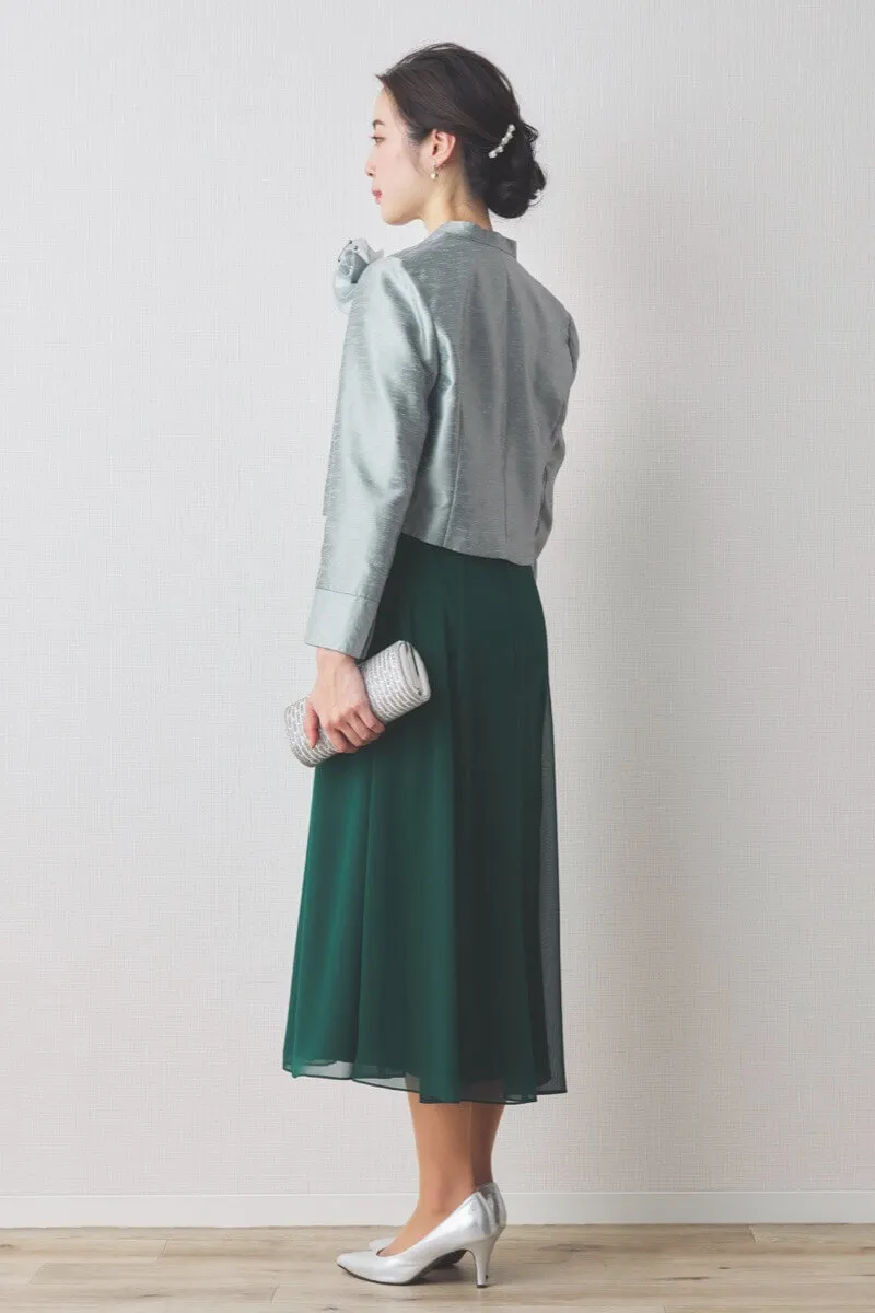 グリーンのラメ刺繍シフォン切替ドレス  [ 店頭販売価格 56,100円 ]