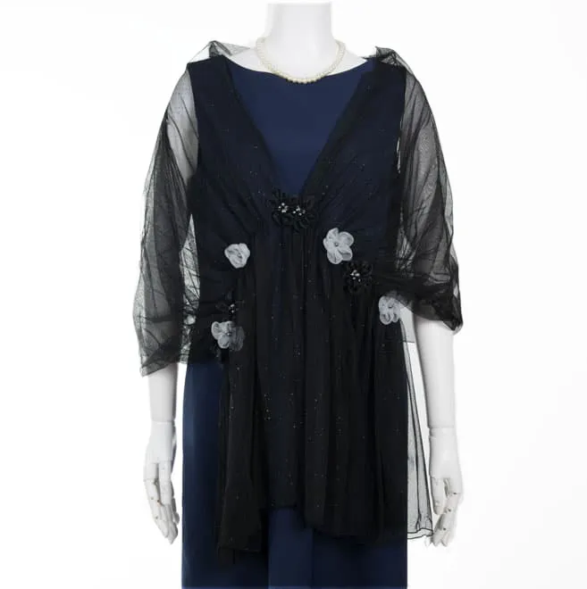 ブラックの花付きラメ入りストール