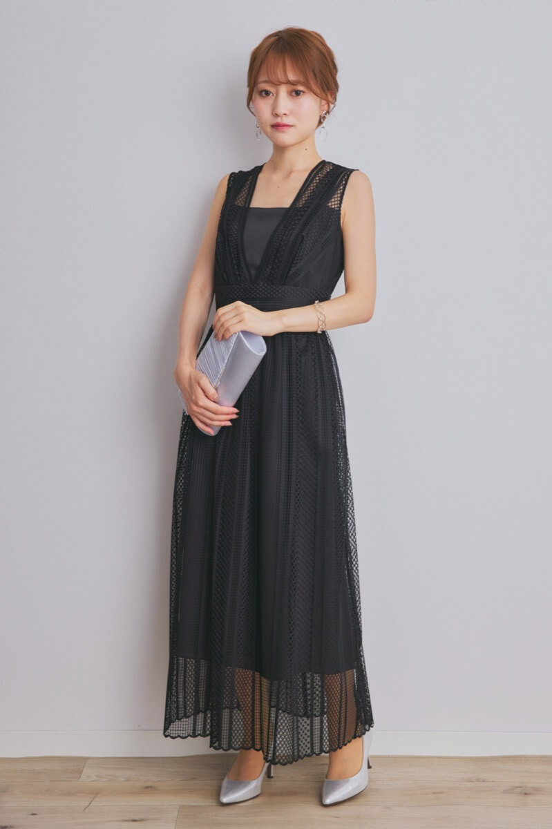 ブラックのストライプレースドレスコーディネートセット