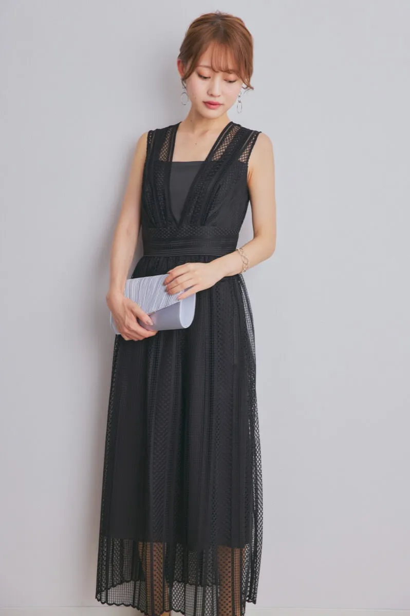 ブラックのストライプレースドレスコーディネートセット