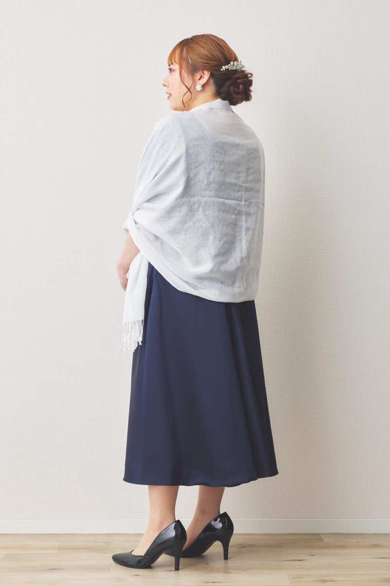 ネイビーのシフォン袖フィットアンドフレアドレス