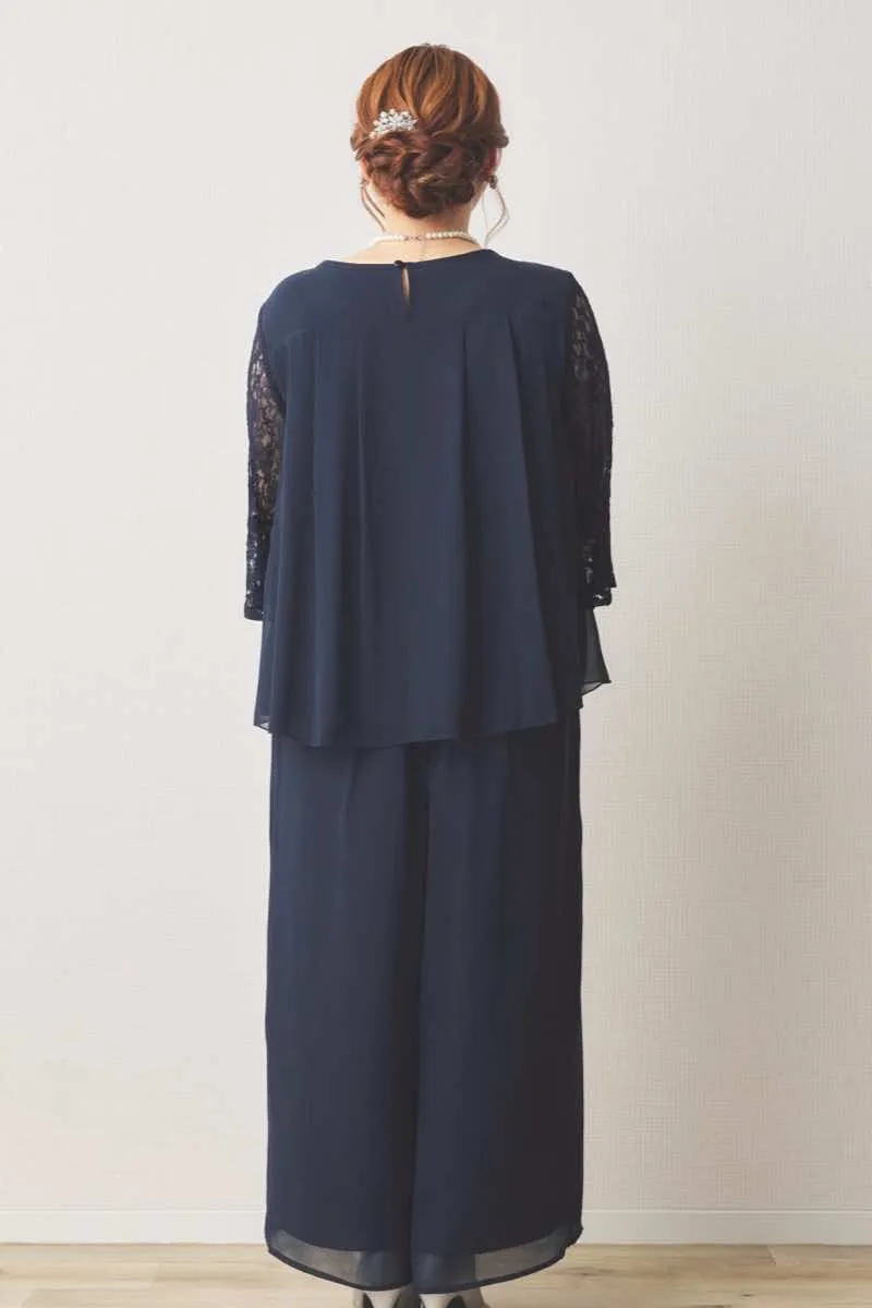 ネイビーのワイドパンツセットアップドレス