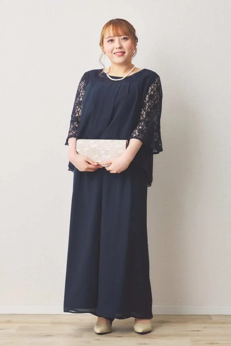 ネイビーのワイドパンツセットアップドレス