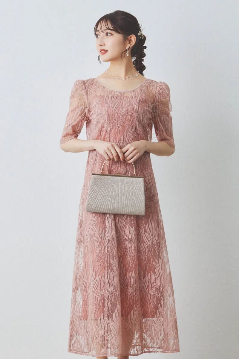 サーモンピンクのスパンコールアネモネドレス