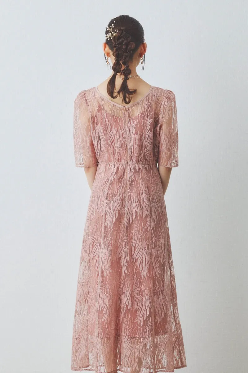 サーモンピンクのスパンコールアネモネドレス