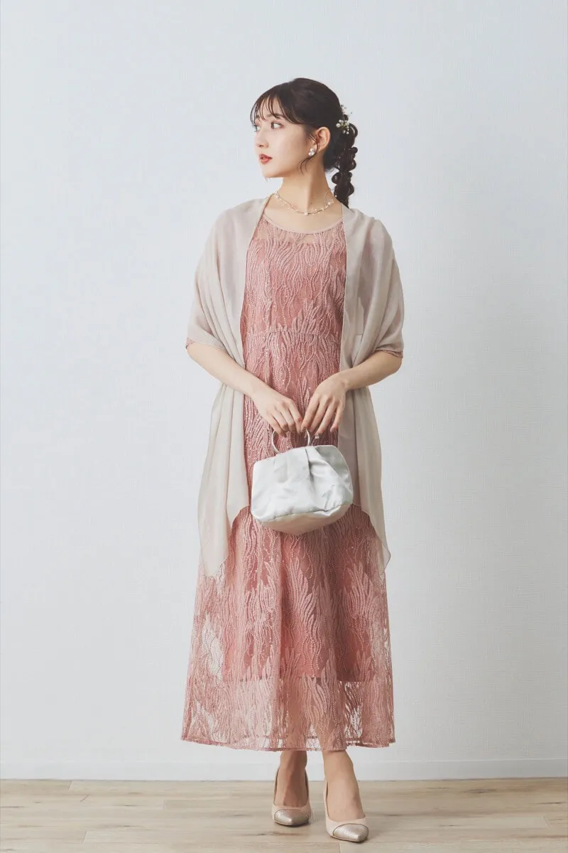 サーモンピンクのスパンコールアネモネドレス