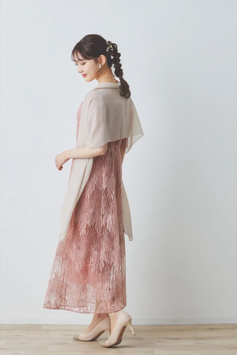 サーモンピンクのスパンコールアネモネドレス