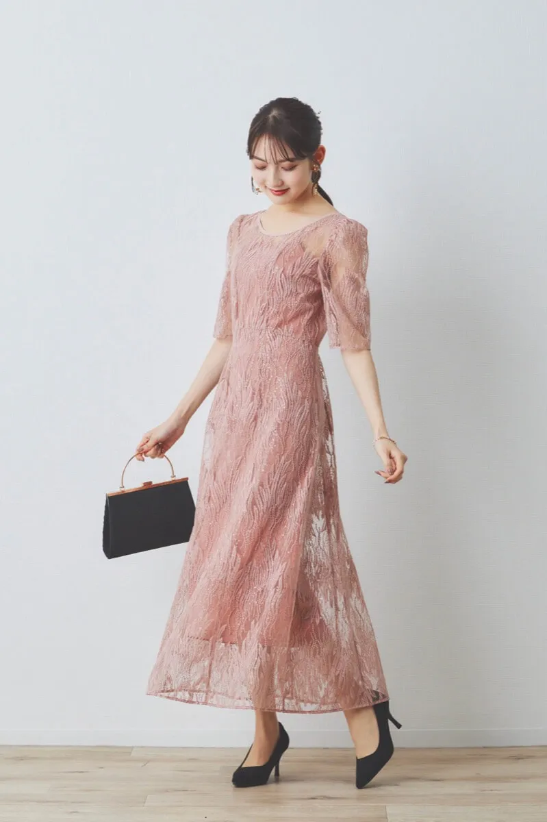 サーモンピンクのスパンコールアネモネドレス