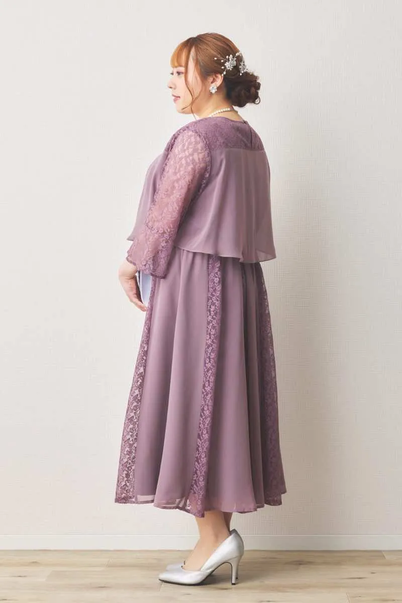 モーヴピンクのレースシフォン切替ドレス