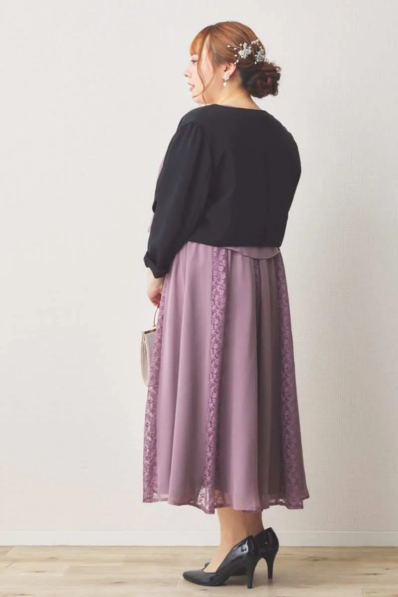 モーヴピンクのレースシフォン切替ドレス