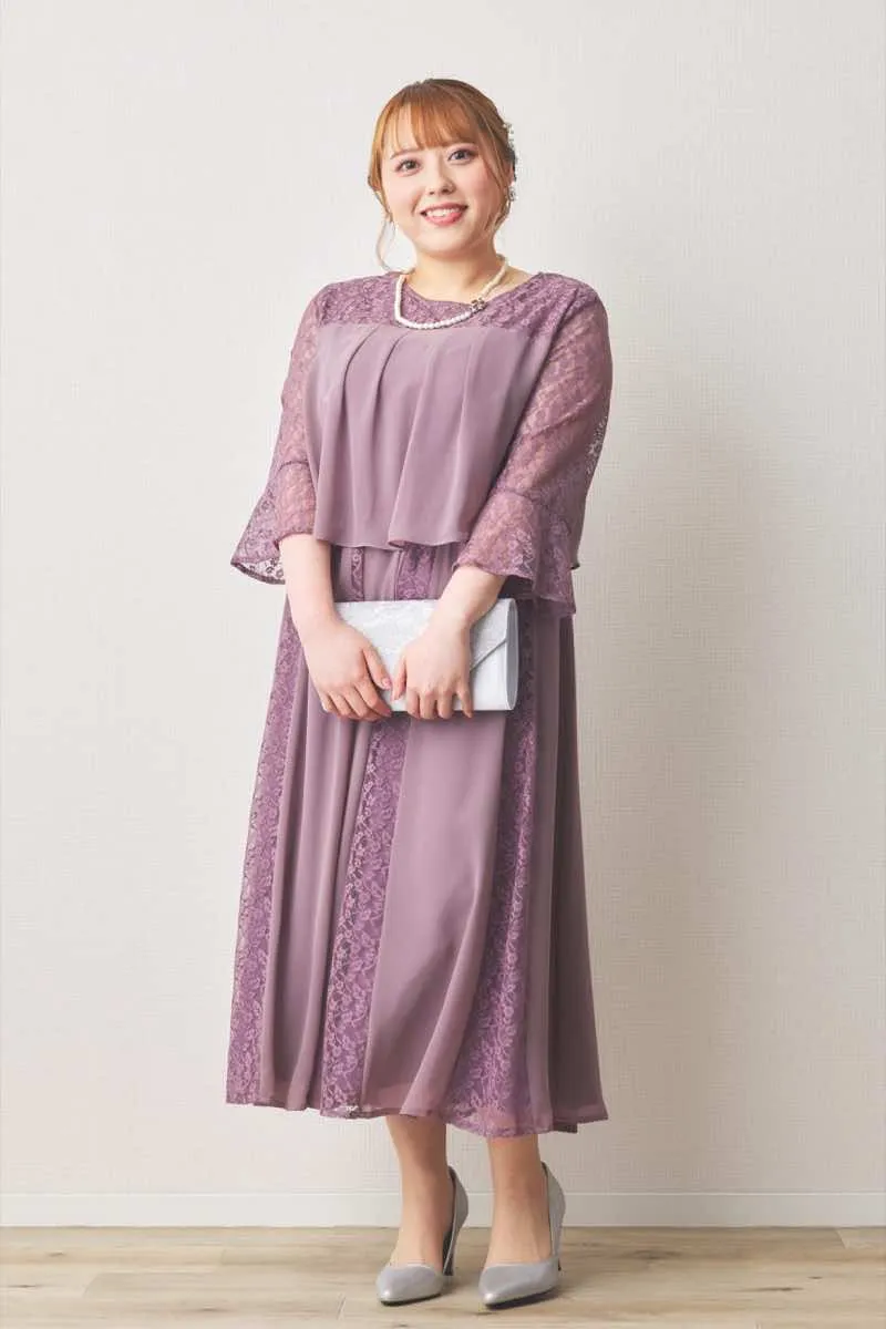 モーヴピンクのレースシフォン切替ドレス