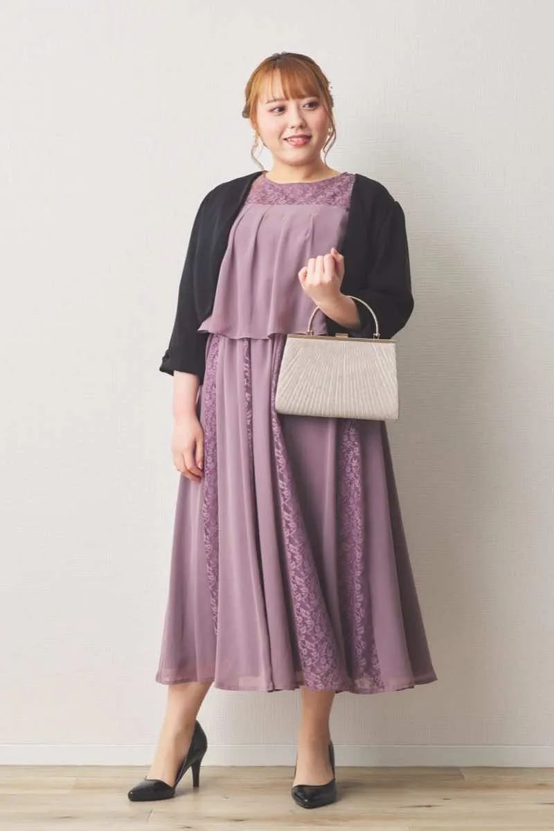 モーヴピンクのレースシフォン切替ドレス