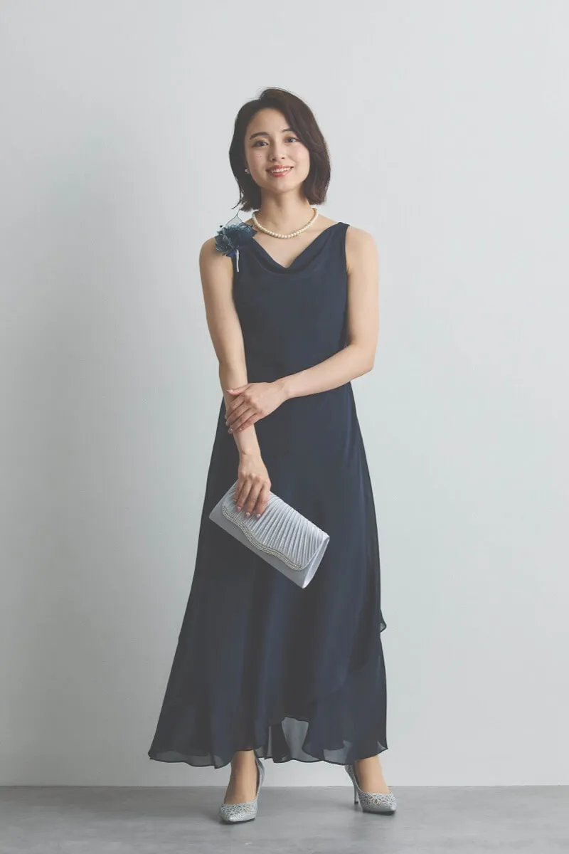 ネイビーのシフォンドレープロングドレス [ 店頭販売価格 42,900円 ]