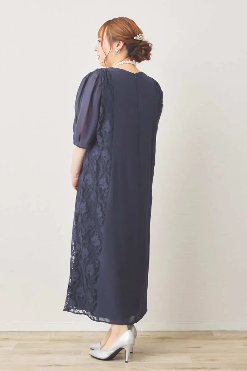 ネイビーのリボン付きサイドレースドレス