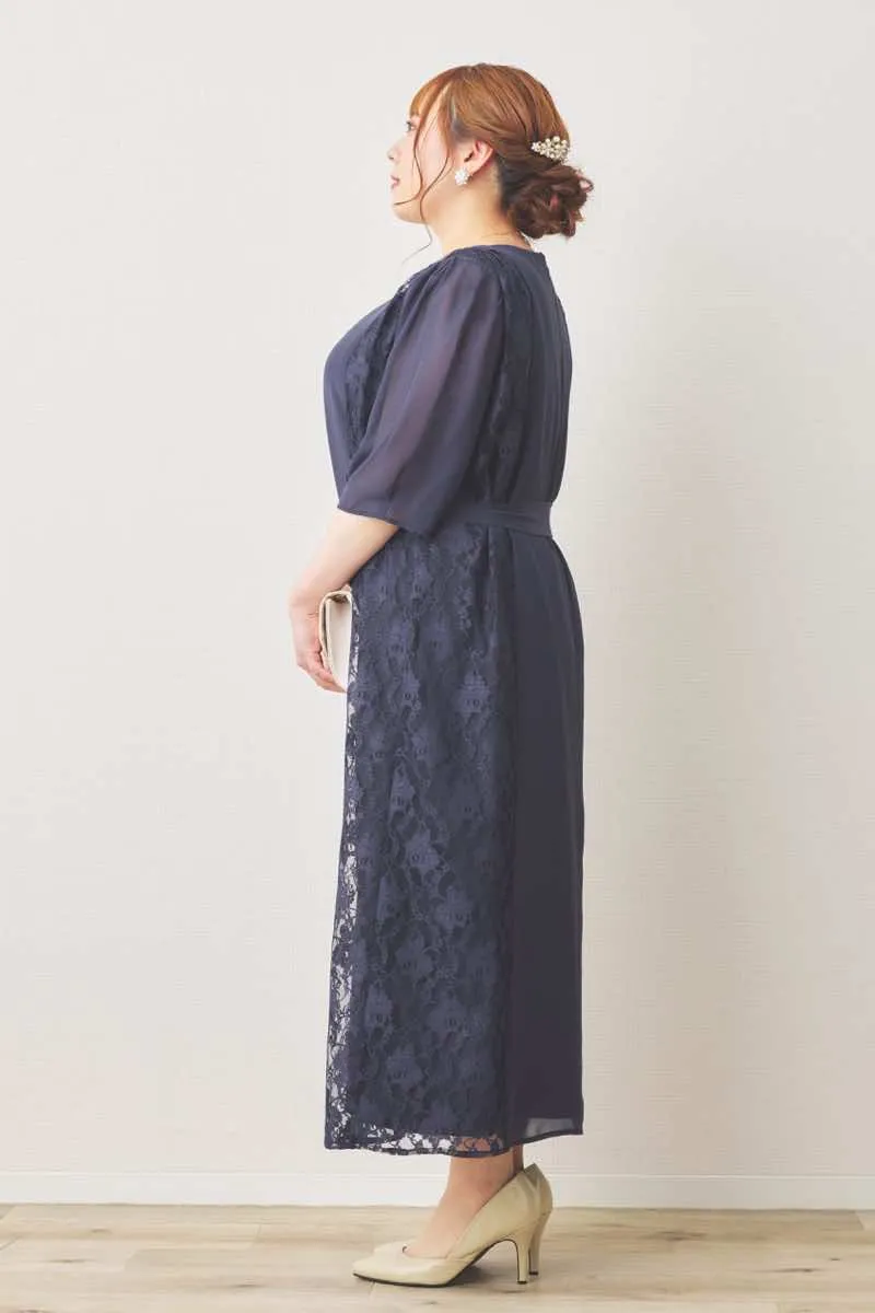 ネイビーのリボン付きサイドレースドレス