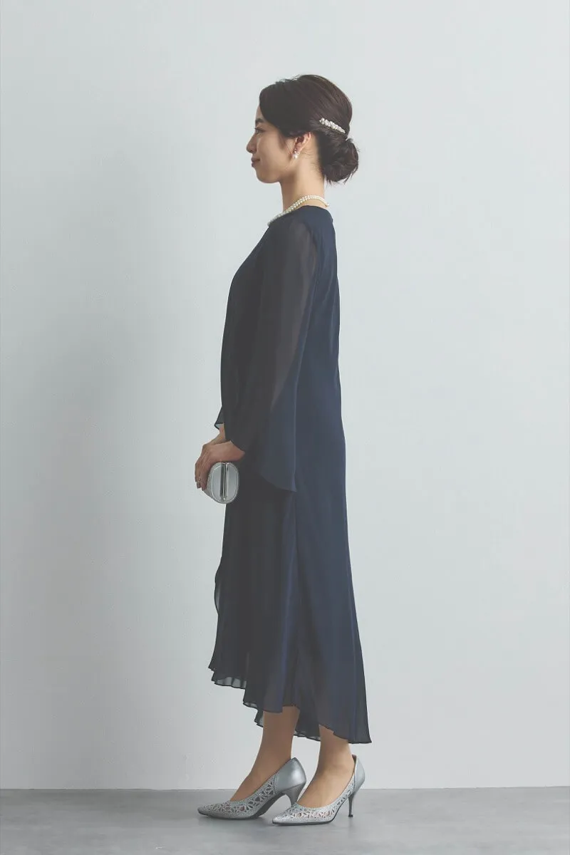ネイビーのアシンメトリーシフォンドレス [ 店頭販売価格 49,500円 ]