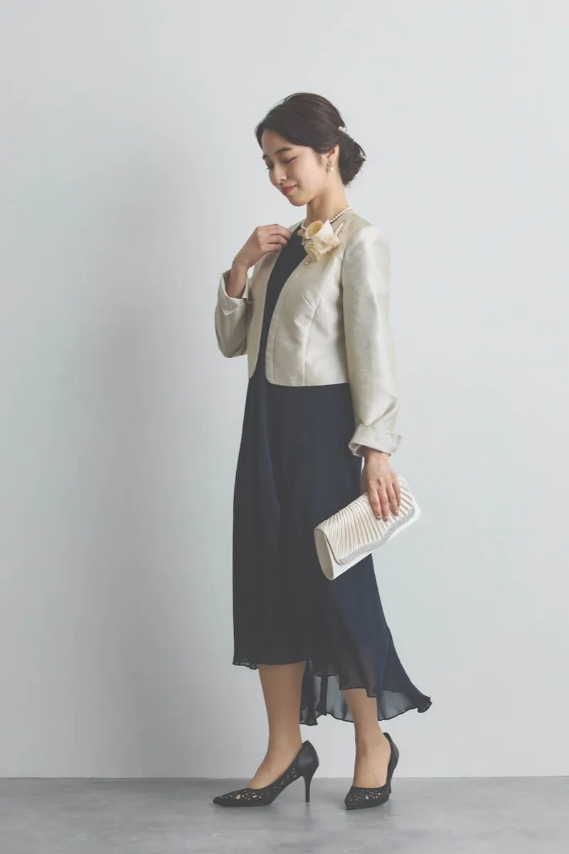 ネイビーのアシンメトリーシフォンドレス [ 店頭販売価格 49,500円 ]