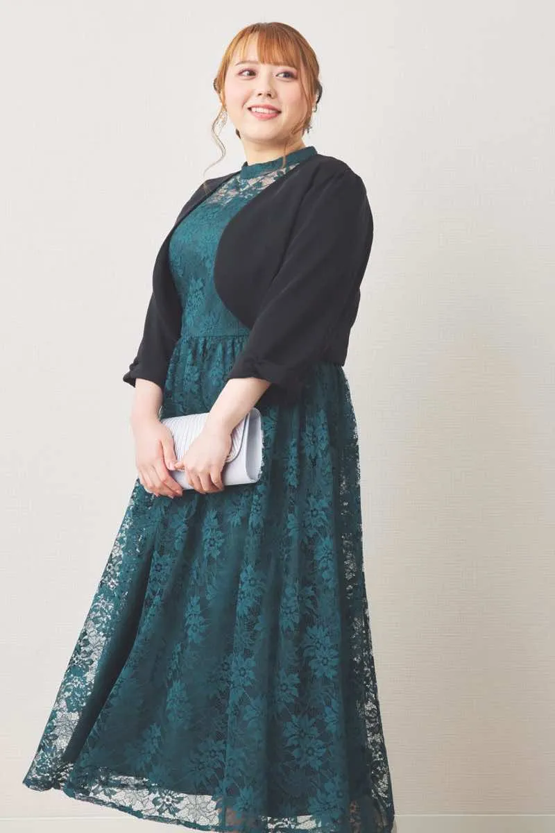 グリーンのフラワーレースハイネックドレス
