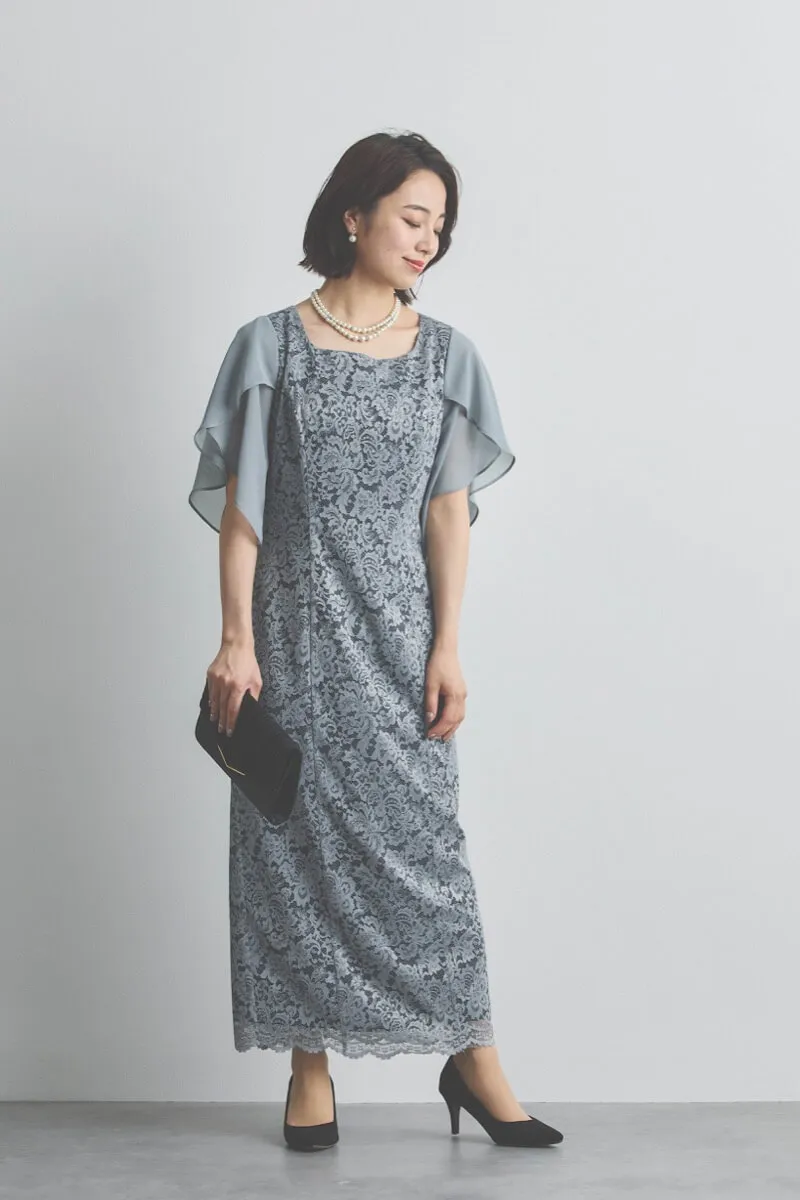 ブルーグレーのシフォンスリーブIラインドレス [ 店頭販売価格 39,600円 ]