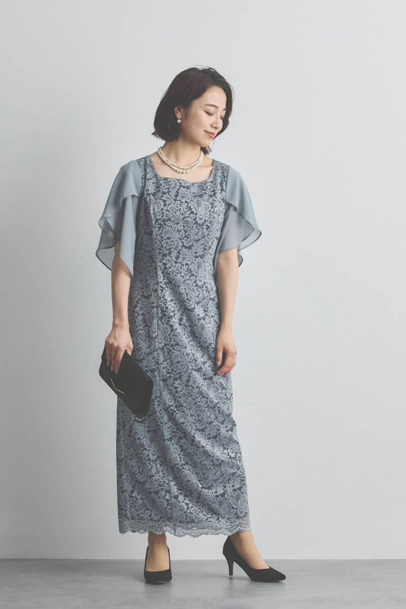 ブルーグレーのシフォンスリーブIラインドレス [ 店頭販売価格 39,600円 ]