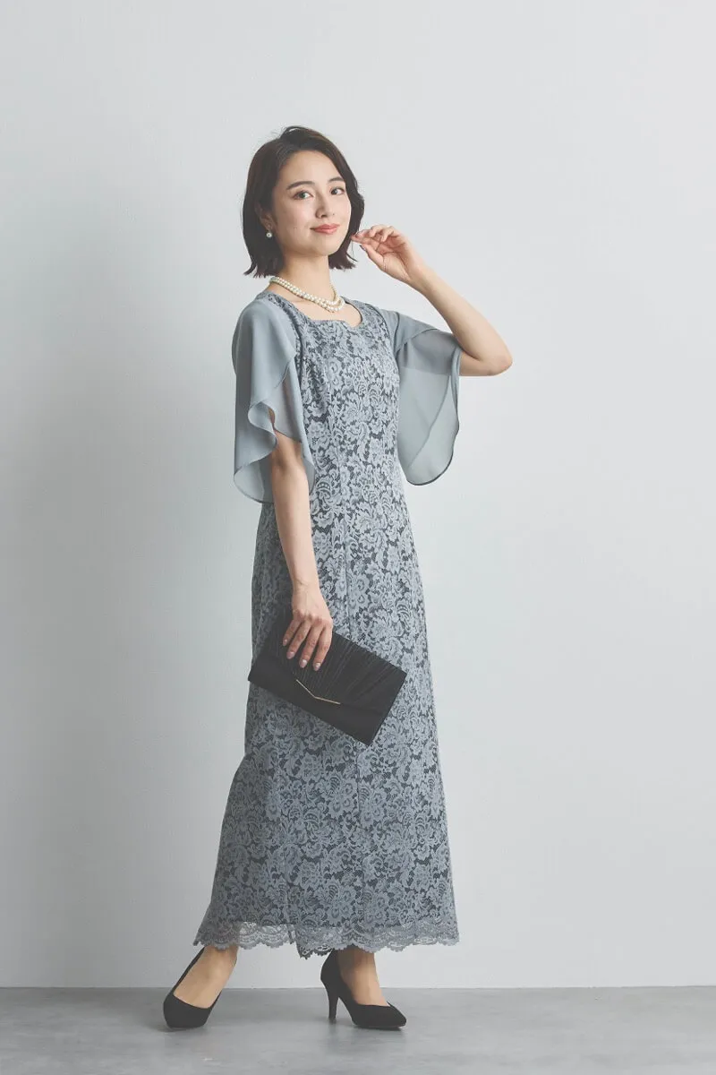 ブルーグレーのシフォンスリーブIラインドレス [ 店頭販売価格 39,600円 ]