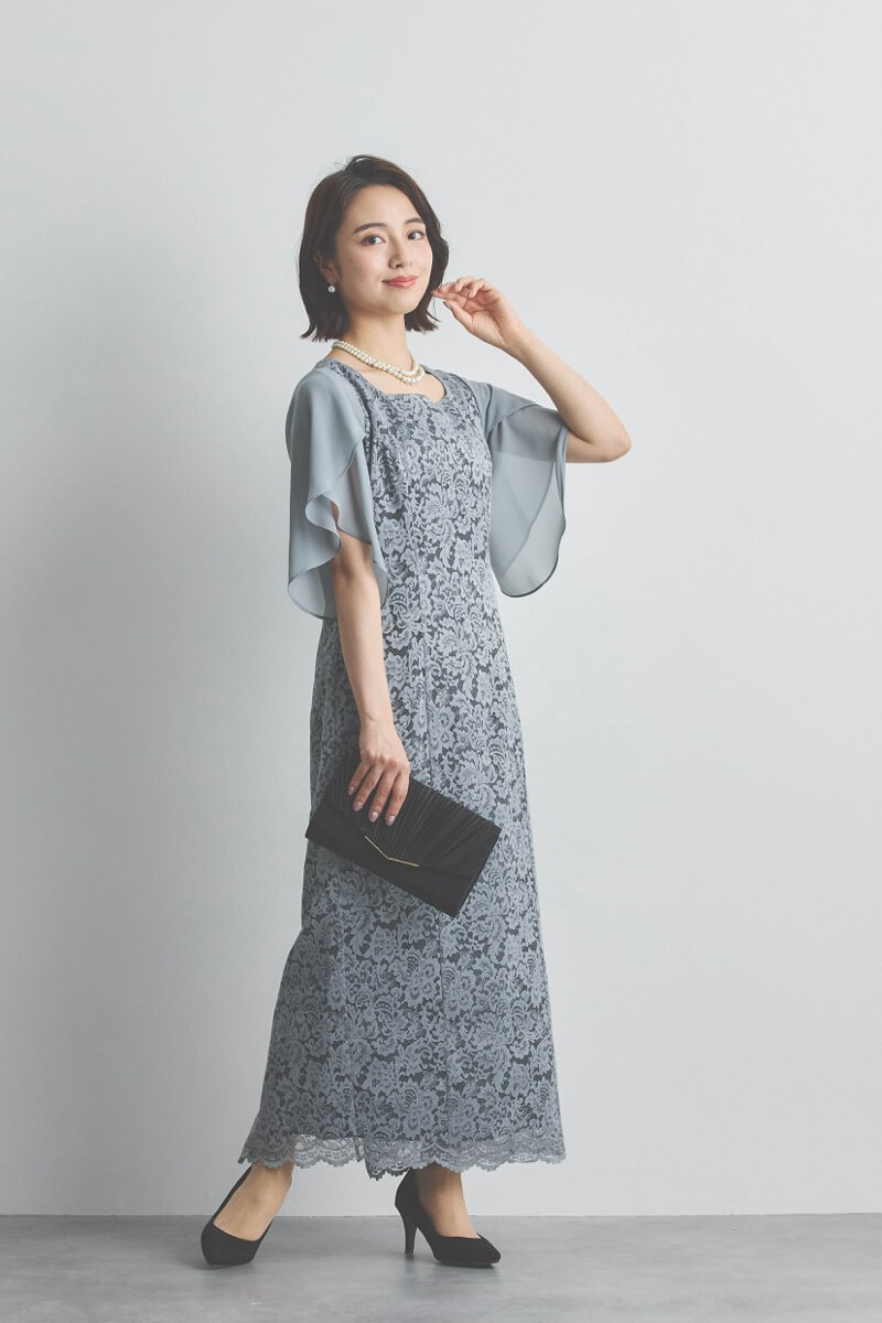 ブルーグレーのシフォンスリーブIラインドレス [ 店頭販売価格 39,600円 ]