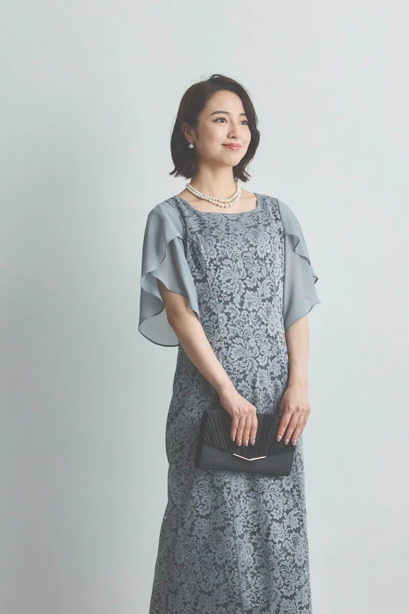 ブルーグレーのシフォンスリーブIラインドレス [ 店頭販売価格 39,600円 ]