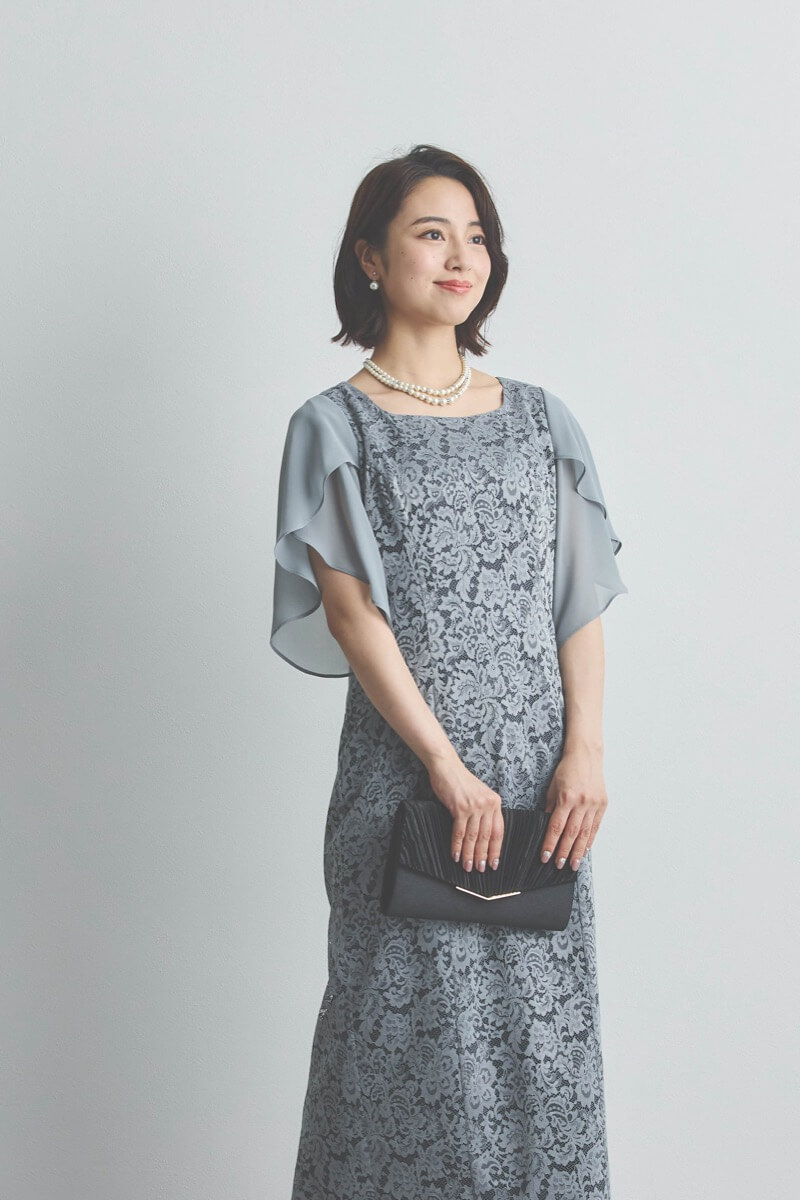 ブルーグレーのシフォンスリーブIラインドレス [ 店頭販売価格 39,600円 ]