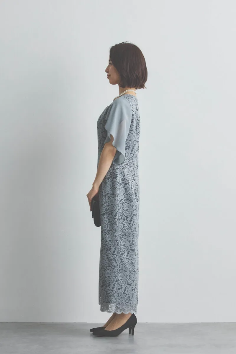 ブルーグレーのシフォンスリーブIラインドレス [ 店頭販売価格 39,600円 ]