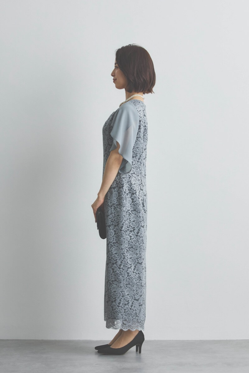 ブルーグレーのシフォンスリーブIラインドレス [ 店頭販売価格 39,600円 ]