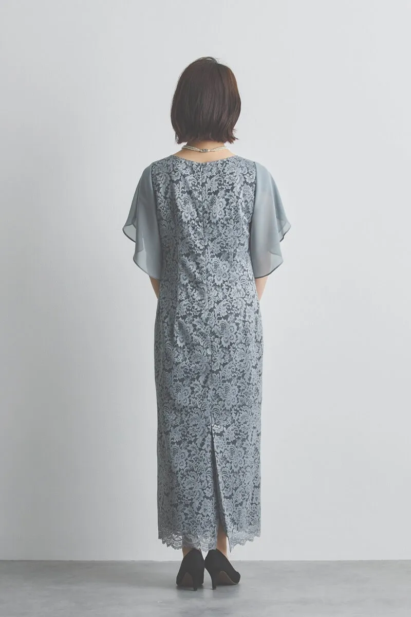 ブルーグレーのシフォンスリーブIラインドレス [ 店頭販売価格 39,600円 ]