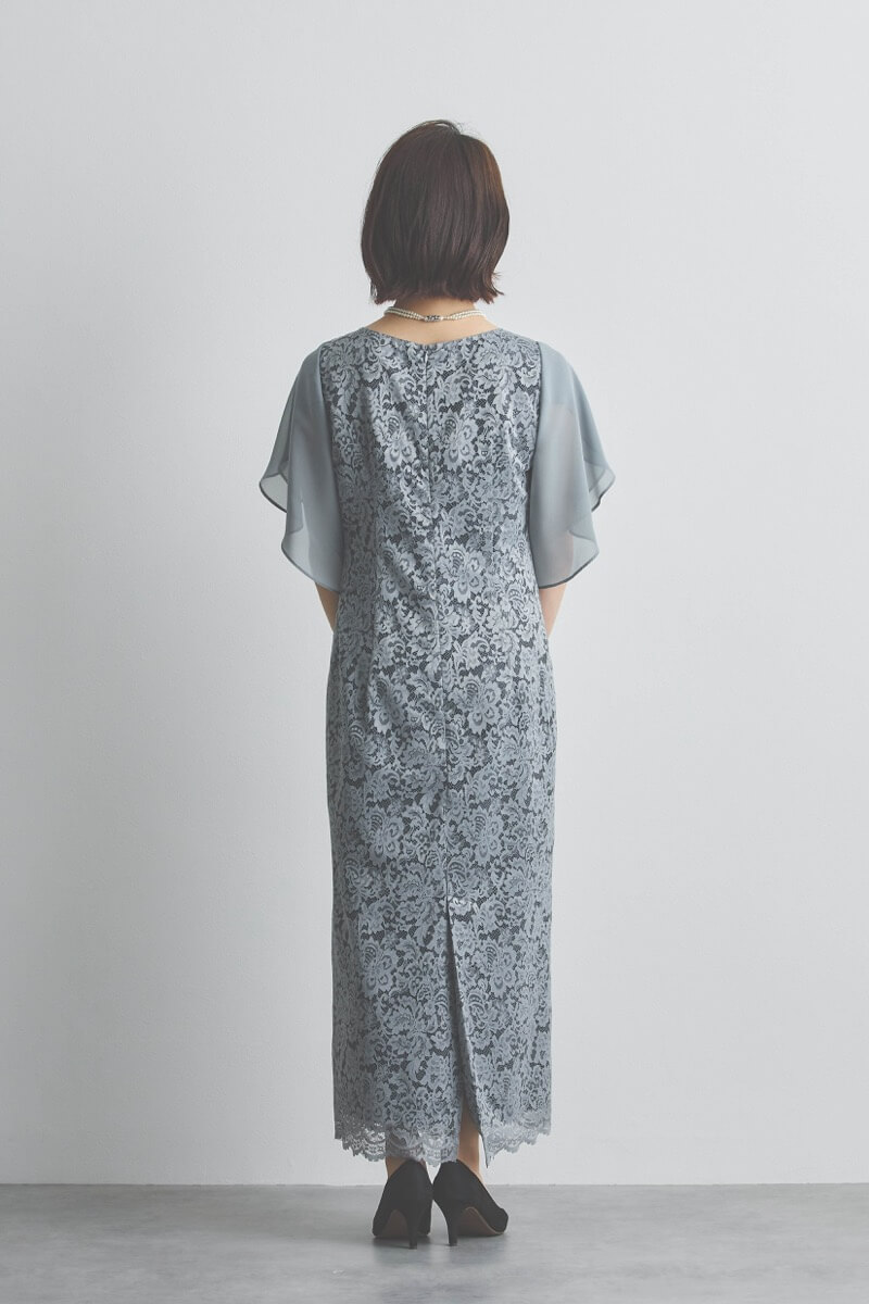 ブルーグレーのシフォンスリーブIラインドレス [ 店頭販売価格 39,600円 ]